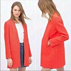 ZARA Blazer Coat Womens Size Small Orange Red Linen Cotton Blend Pockets